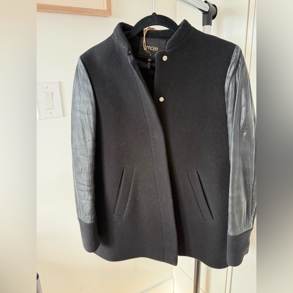MAJE Black Leather and Wool Coat - Sz: Small